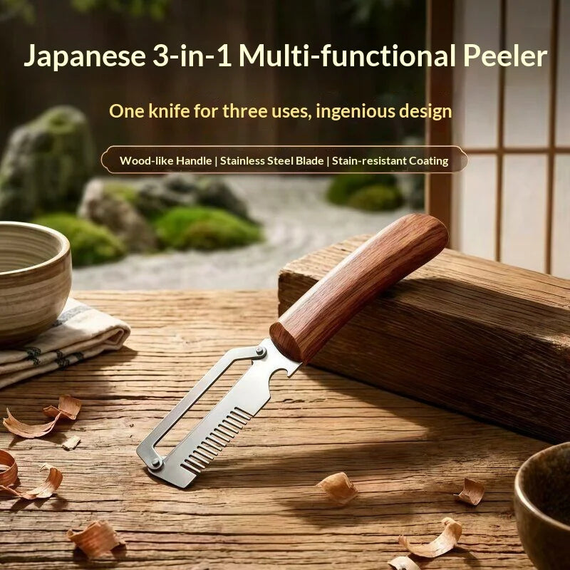 3‑in‑1 Multifunctional Vegetable Peeler Stainless Steel Fruit Slicer Wooden Handle Kitchen Gadget For Potato Onion