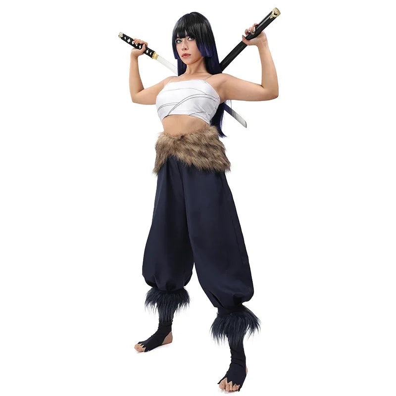 Women's Hashibira Inosuke Cosplay Costume Tops Pants Fake Fur Apron and Fake Fur Leg Accessory for Halloween