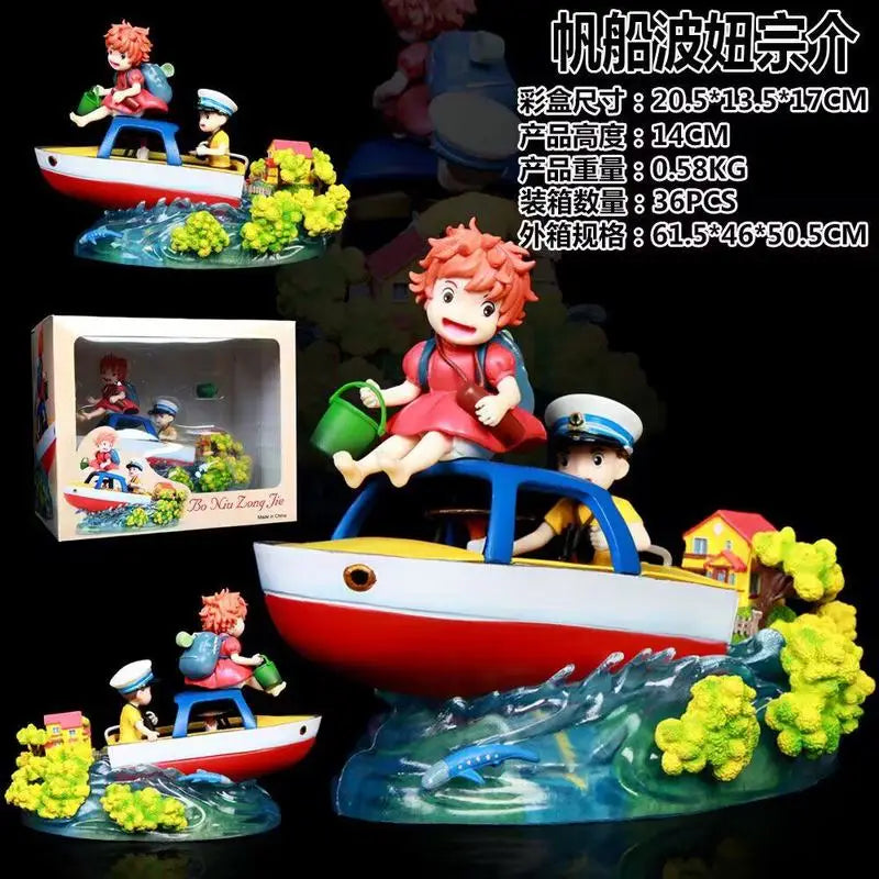 14cm Anime Ponyo & Sosuke Boat Scene Statue Action Figures Pvc Desktop Collectible Ornament Cartoon Model Toy Car Decor Fan Gift