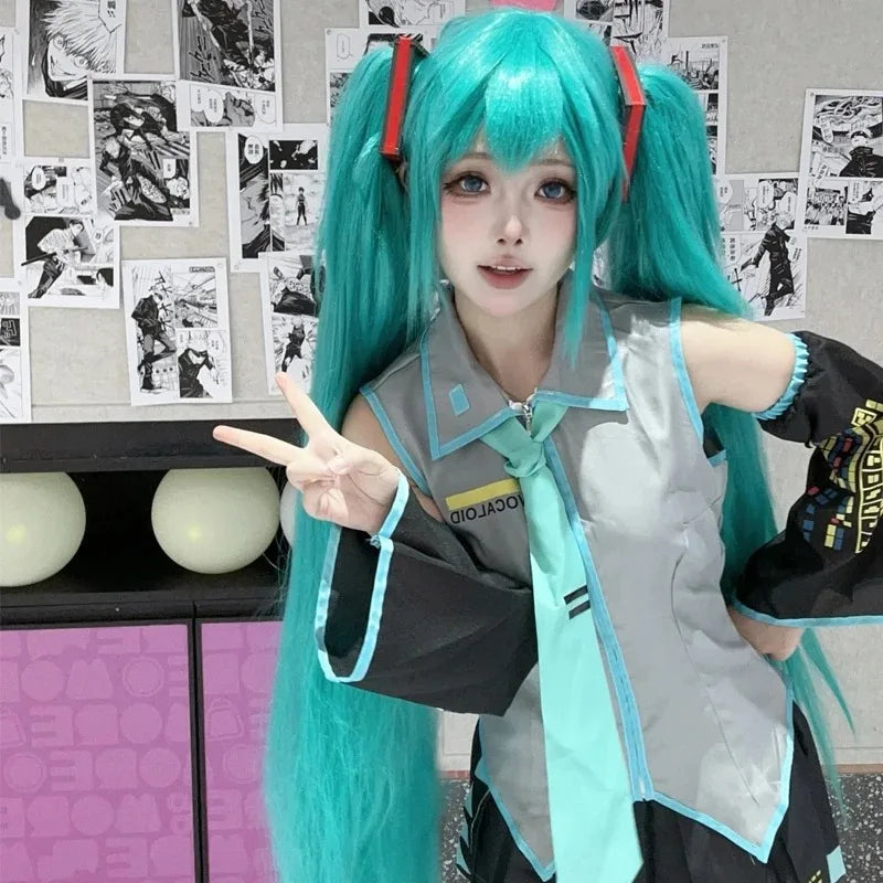 Miku VOCALOID Cosplay Costume - Silver Patent Leather Dress with Blue Tie & Black Bell Sleeves, Anime Halloween