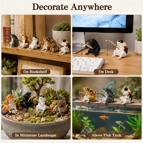 10 Cat Figures PVC Mini Cat Figurines Kitten Animal Miniatures with Fishing Kit for Desk Shelf Cake Micro Landscape Decoration