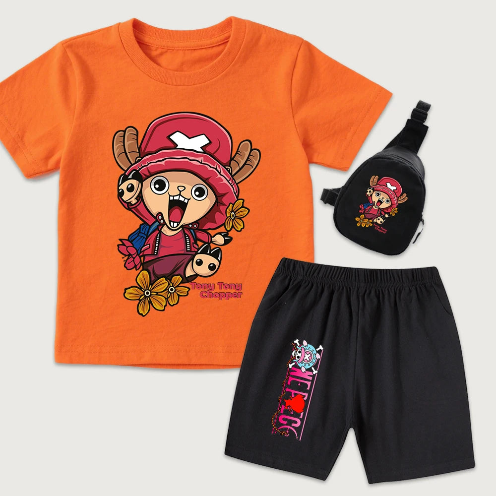 One Piece Chopper Anime Print Kids Cotton T Shirt Shorts Mini Chest Bag 3 Piece Set Boys Girls Casual Outfit