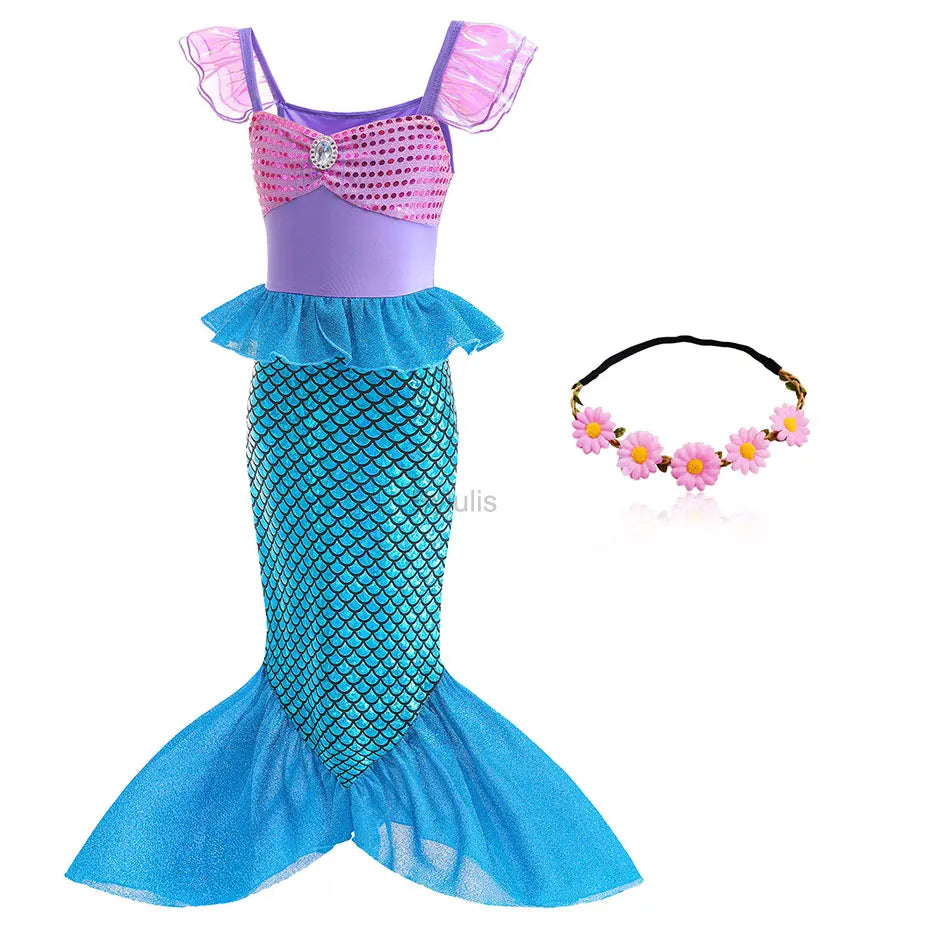 Little Mermaid Ariel Costume Princess Dress for Girls Short Sleeve Tulle Cosplay Halloween Carnival Birthday Party Clothes