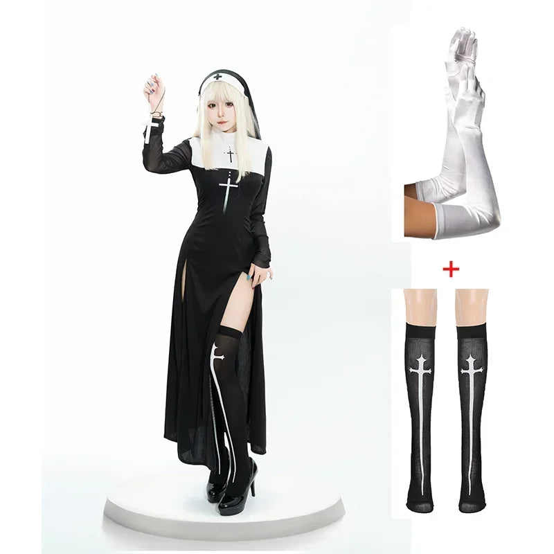 New Anime Cosplay Costume Sexy Nun Dress Women Fancy Gothic Robe Long Black Uniform Adult Party Carnival Themed Events