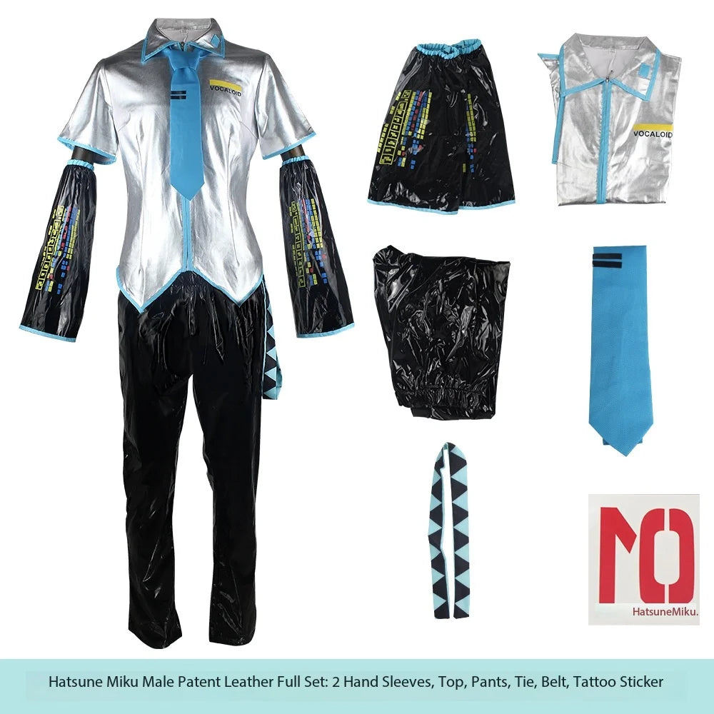 Miku VOCALOID Cosplay Costume - Silver Patent Leather Dress with Blue Tie & Black Bell Sleeves, Anime Halloween