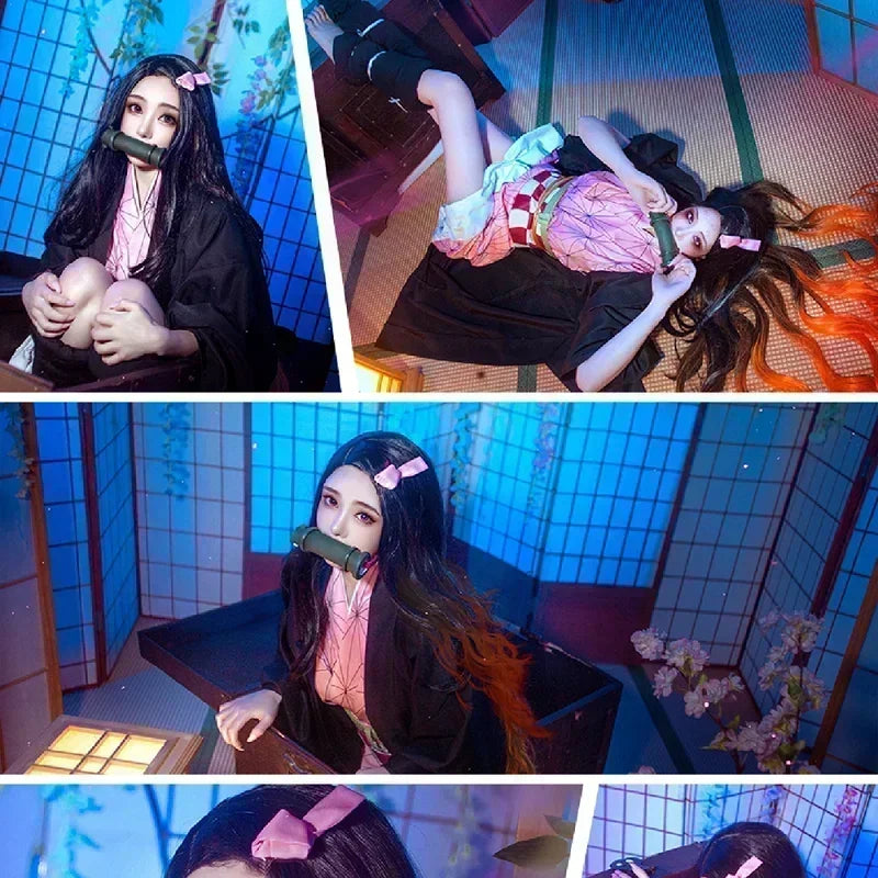 2025  Kamado Nezuko Cosplay Kostuum Anime Kimono Kamado Nezuko Pruik Uniform Halloween Vrouwen Kinderkleding