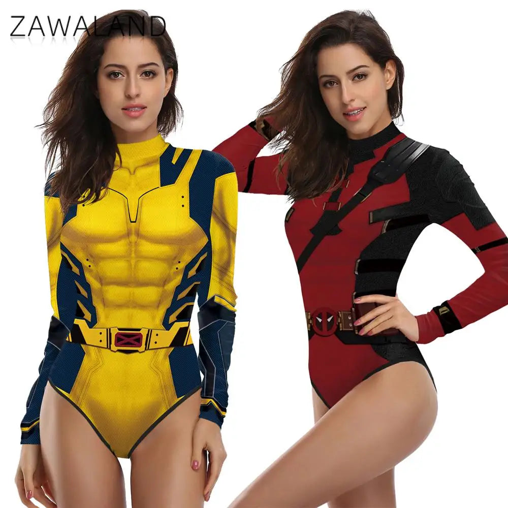 Zawaland Superhero Deadpool Wolverine 3D Print Long Sleeve Party Jumpsuit Adult Cosplay Costume Halloween Party Zentai Bodysuit