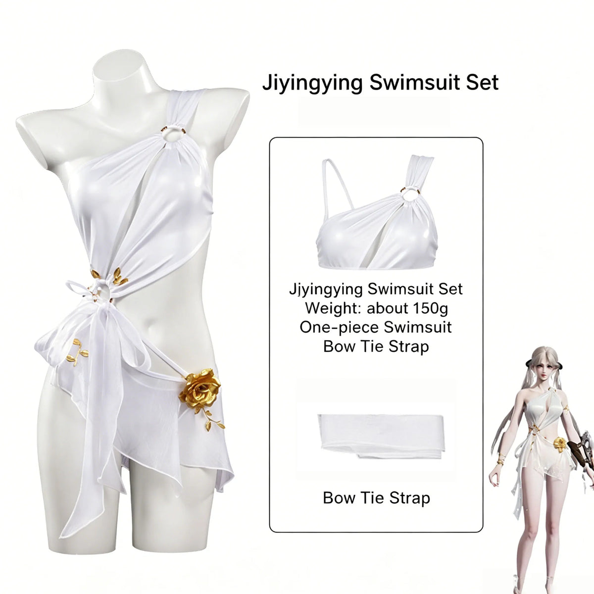 Naraka Bladepoint Ji Yingying White Swimsuit Cosplay Outfit Women One Piece Bathing Suit Wig Full Set Game Costume