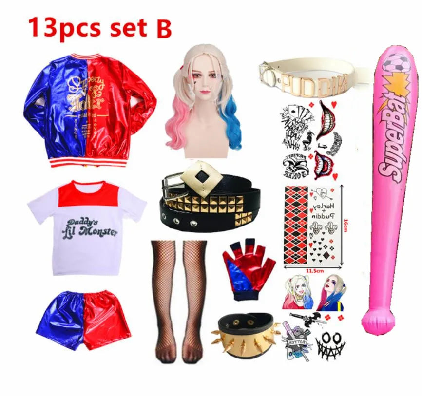 Costume de carnaval Harleen Quinzel pour femmes et filles, T-shirts, veste supérieure avec perruque