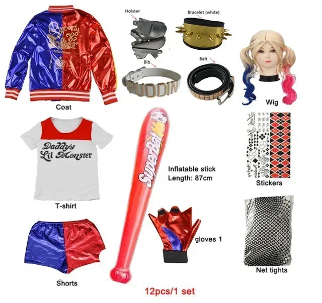 Harley Costumes Cosplay Suicide Quinzel Kids Girls Quinn Squad T Shirt Joker Jacket Halloween Costume