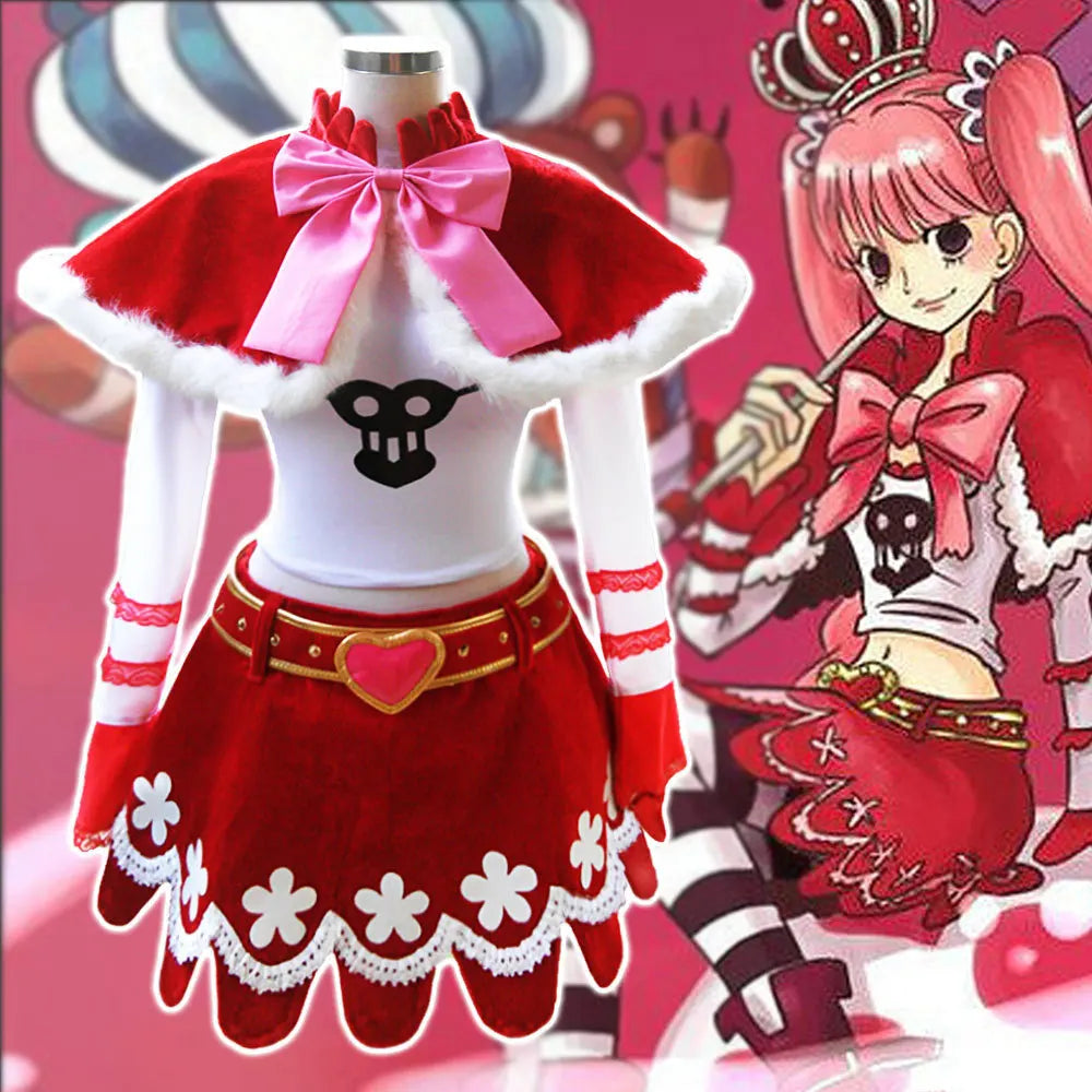 Perona Cosplay Costume-Ghost Princess Red Velvet Skirt&White Top Set with Pink Bow Cape, Perfect for Anime Conventions&Themed