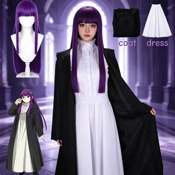 2026 Frieren Fern Cosplay Costume Purple Wig White Long Dress Black Coat Jacket Full Set Uniform Halloween Comic Con Outfits