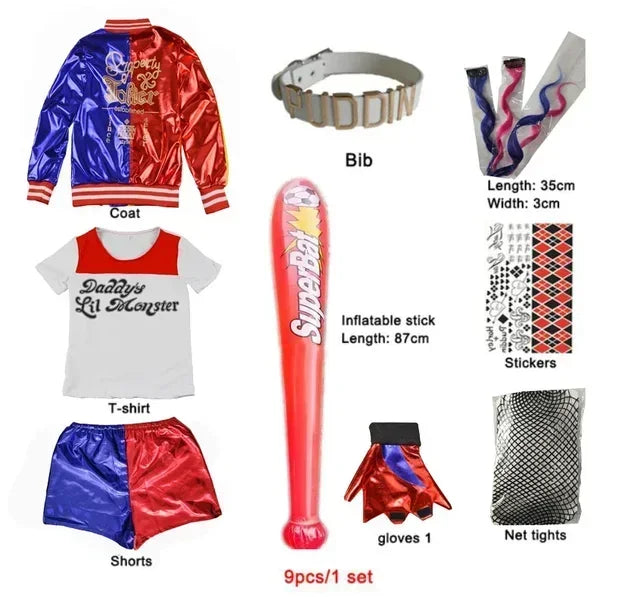 Harley Costumes Cosplay Suicide Quinzel Kids Girls Quinn Squad T Shirt Joker Jacket Halloween Costume
