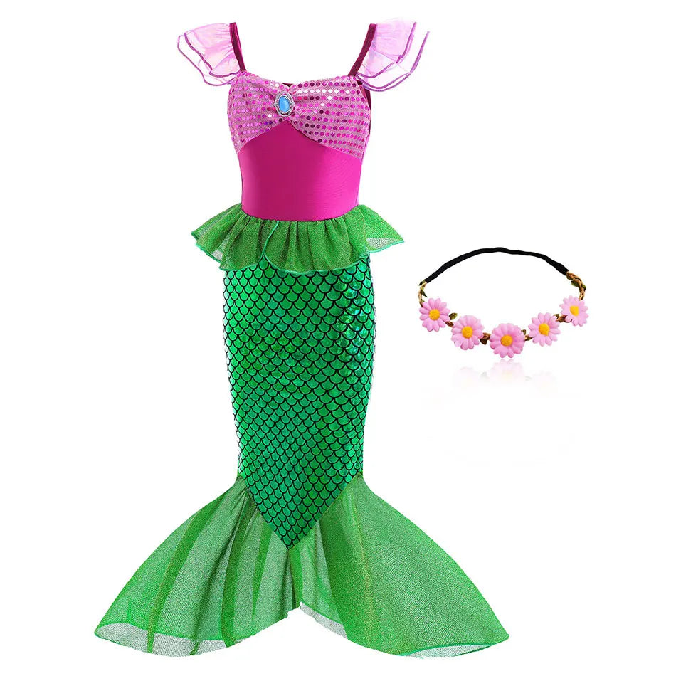 Little Mermaid Ariel Costume Princess Dress for Girls Short Sleeve Tulle Cosplay Halloween Carnival Birthday Party Clothes