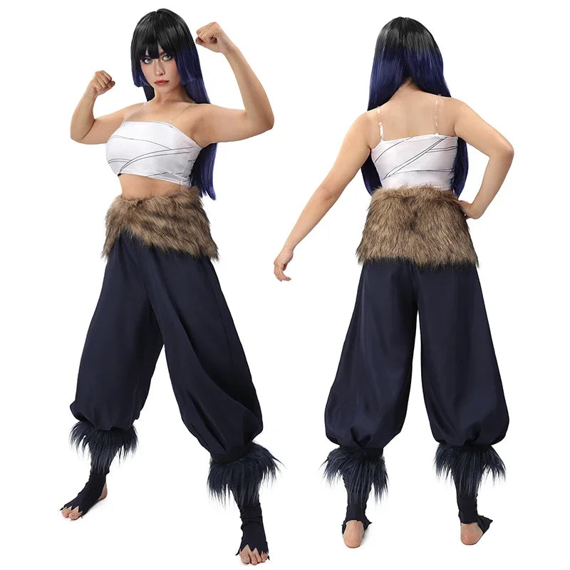 Women's Hashibira Inosuke Cosplay Costume Tops Pants Fake Fur Apron and Fake Fur Leg Accessory for Halloween