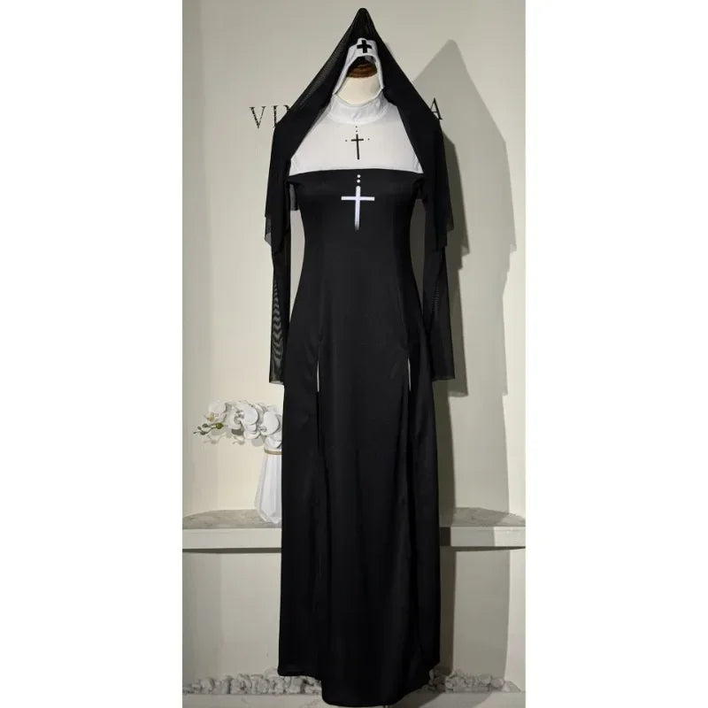 New Anime Cosplay Costume Sexy Nun Dress Women Fancy Gothic Robe Long Black Uniform Adult Party Carnival Themed Events
