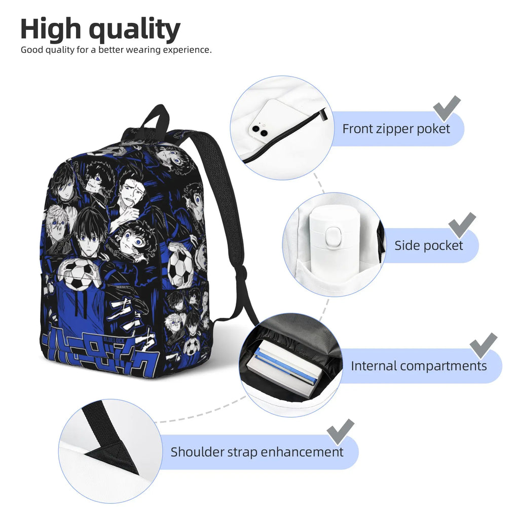 Fashion Blue Lock Football Anime Backpack  Mochilas Casual For Work Zipper Closure Rucksack