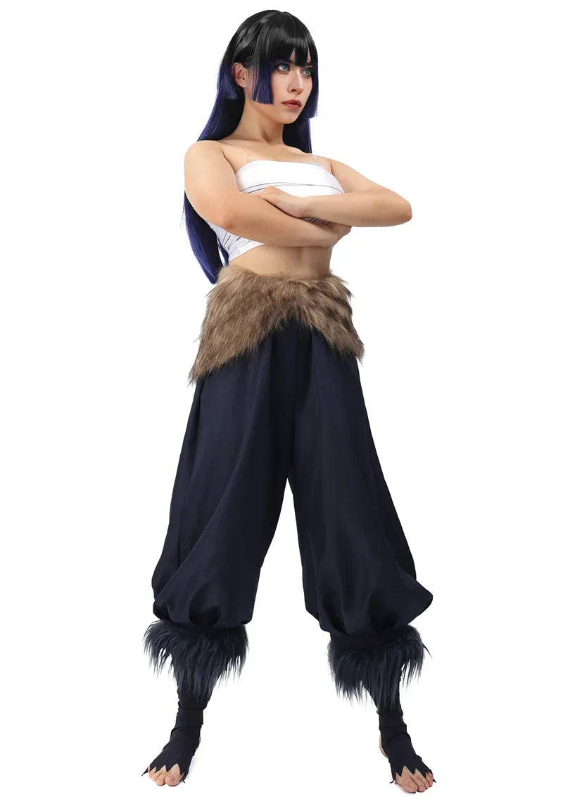 Women's Hashibira Inosuke Cosplay Costume Tops Pants Fake Fur Apron and Fake Fur Leg Accessory for Halloween