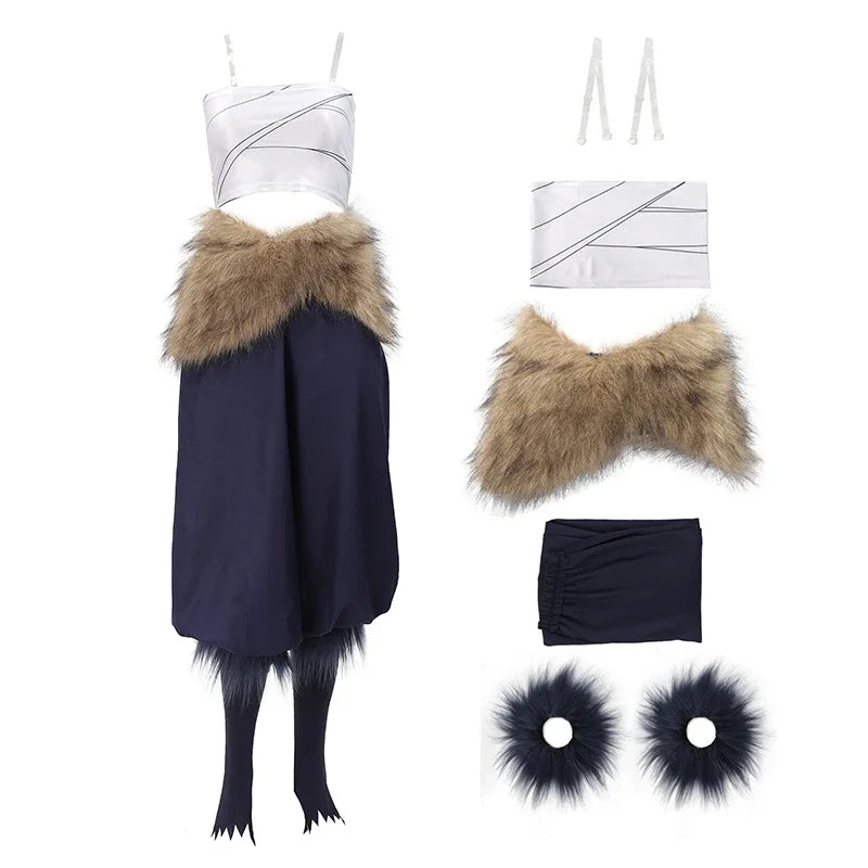 Women's Hashibira Inosuke Cosplay Costume Tops Pants Fake Fur Apron and Fake Fur Leg Accessory for Halloween