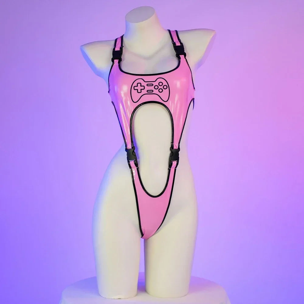 Anime Game Controller Print PU Leather Bodysuit Women Sexy Lingerie Cyberpunk Swimsuit Cosplay Buckle Pajamas Outfits Costumes