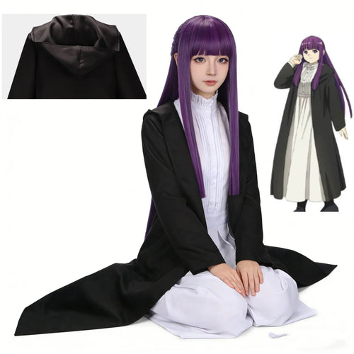 2026 Frieren Fern Cosplay Costume Purple Wig White Long Dress Black Coat Jacket Full Set Uniform Halloween Comic Con Outfits