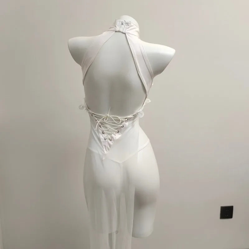 Hollow Out Anime Cosplay Costume Women Erotic Halloween demon cosplay PU Leather Lingerie Embroidery Print Cheongsam Long Dress