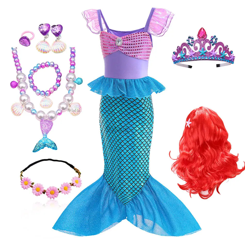 Little Mermaid Ariel Costume Princess Dress for Girls Short Sleeve Tulle Cosplay Halloween Carnival Birthday Party Clothes
