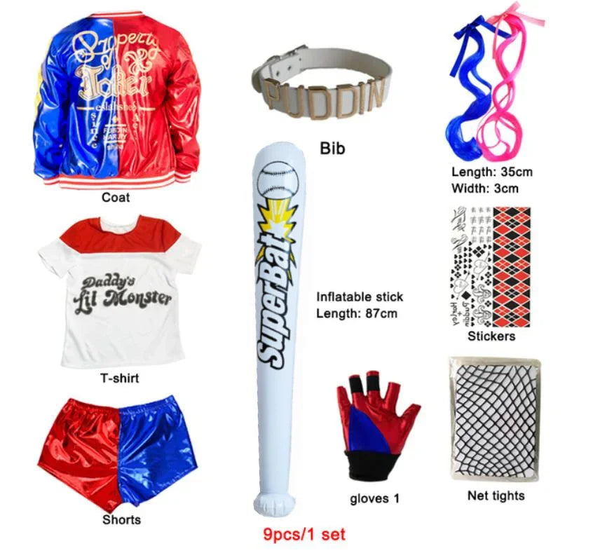 Meisjes Vrouwen Zelfmoord Harley Cosplay Kostuums Squad Quinn Monster Gestikte Jas Broek Sets Halloween Anime Kostuum Korte
