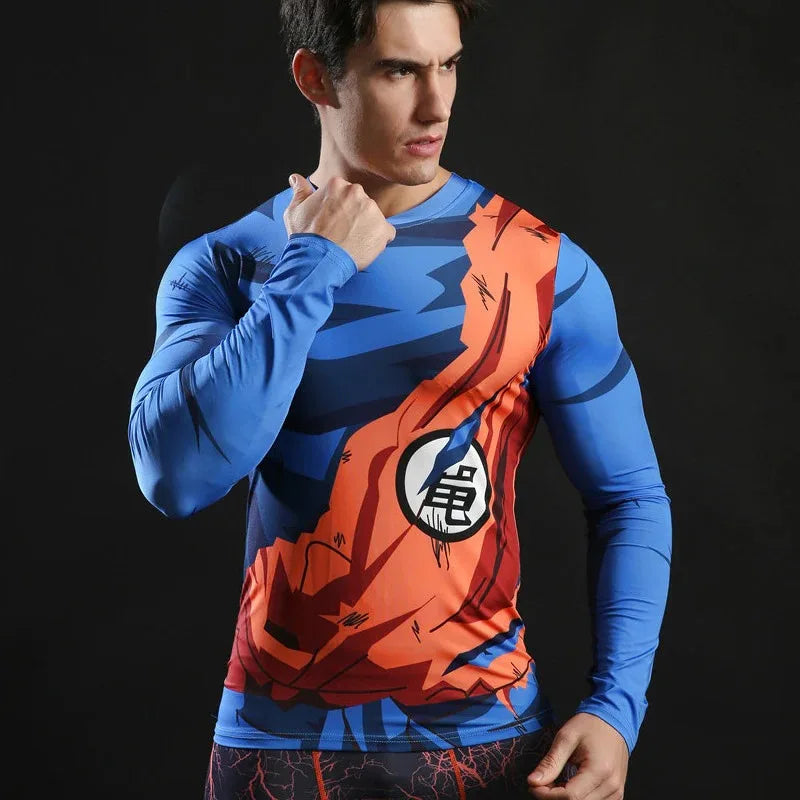 Bandai Dragon Ball Z Goku Battle-damaged Suit Cosplay Costume Anime Adult Kids Long Sleeve Compression Dry Fit T-Shirt Summer