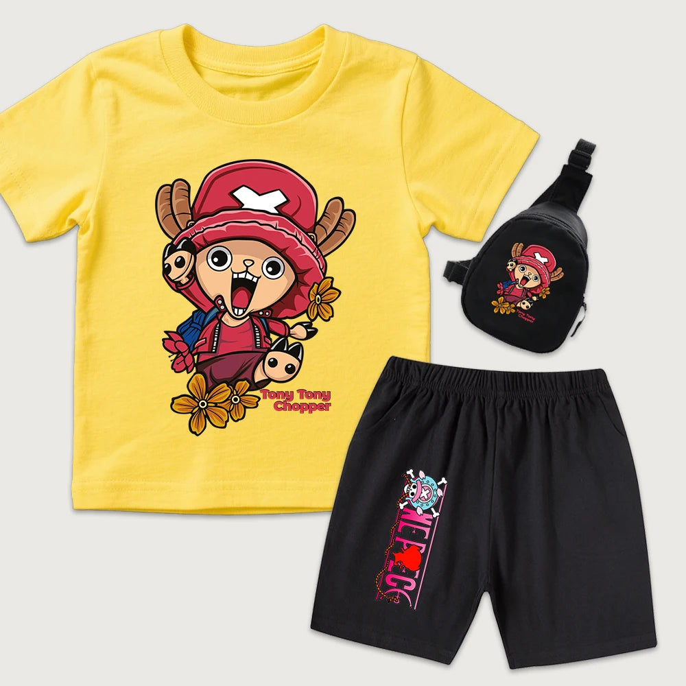 One Piece Chopper Anime Print Kids Cotton T Shirt Shorts Mini Chest Bag 3 Piece Set Boys Girls Casual Outfit