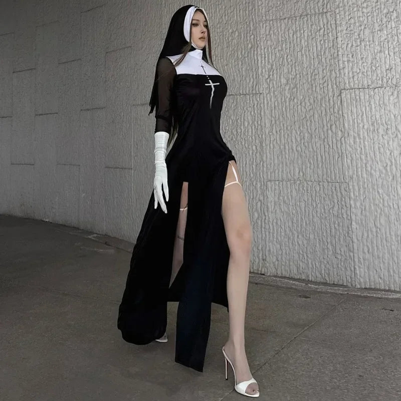 New Anime Cosplay Costume Sexy Nun Dress Women Fancy Gothic Robe Long Black Uniform Adult Party Carnival Themed Events
