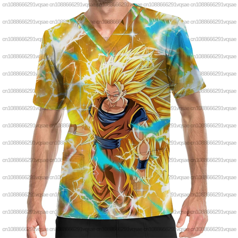 Summer Men's Surgical Gown with Dragon Ball Anime Print, V-Neck Nurse Uniform Top with Pockets, Medical Clothing