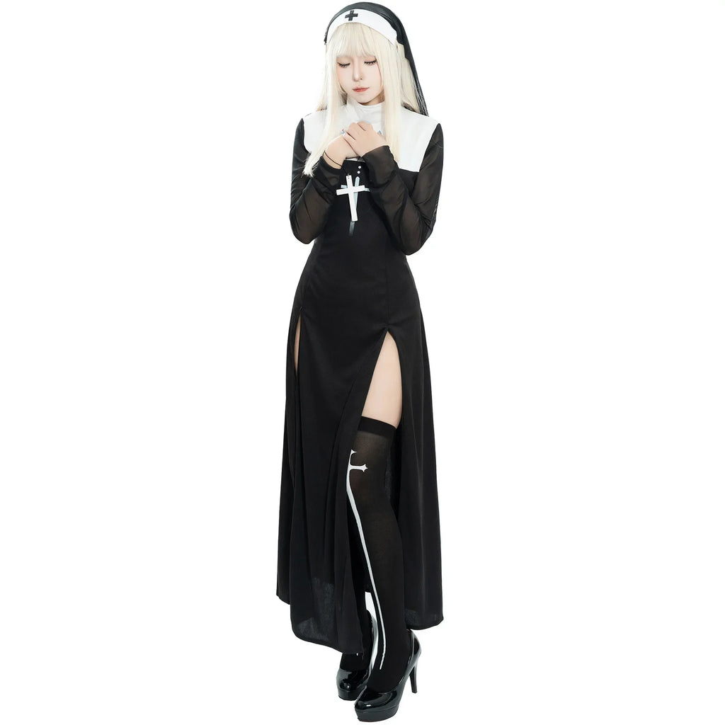 New Anime Cosplay Costume Sexy Nun Dress Women Fancy Gothic Robe Long Black Uniform Adult Party Carnival Themed Events
