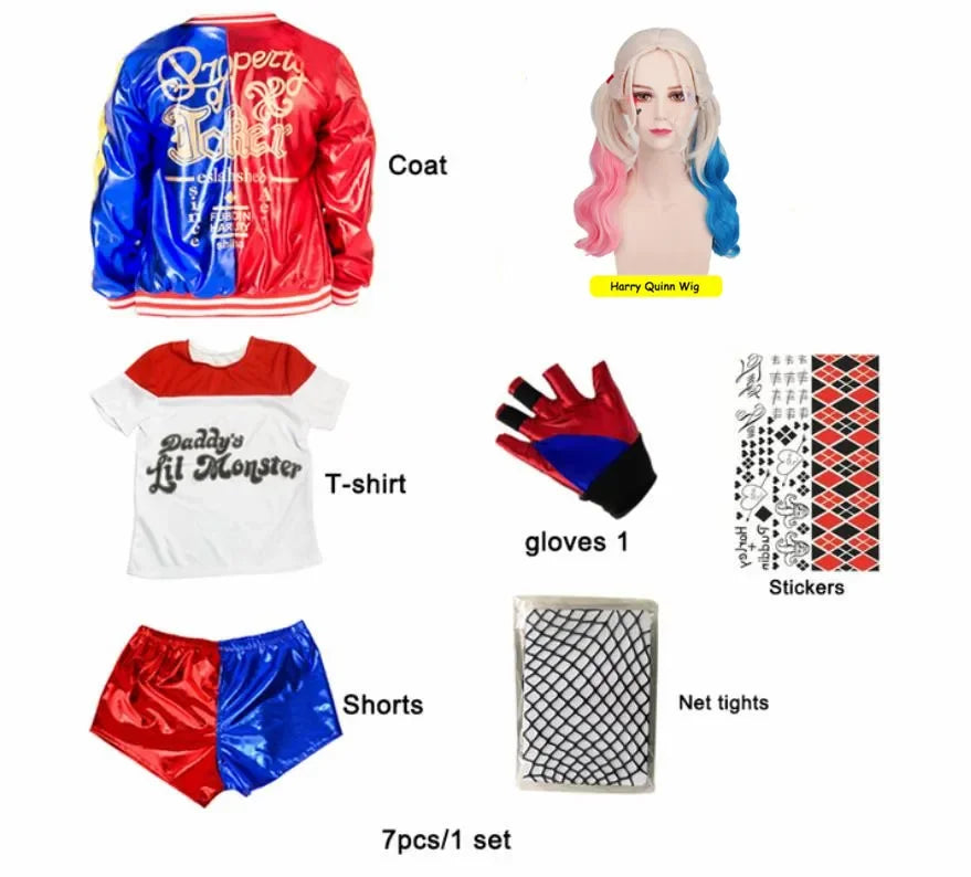 Meisjes Vrouwen Zelfmoord Harley Cosplay Kostuums Squad Quinn Monster Gestikte Jas Broek Sets Halloween Anime Kostuum Korte