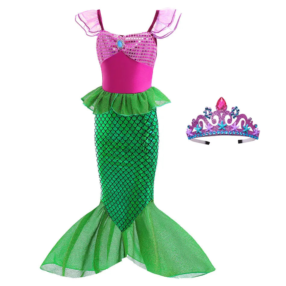 Little Mermaid Ariel Costume Princess Dress for Girls Short Sleeve Tulle Cosplay Halloween Carnival Birthday Party Clothes