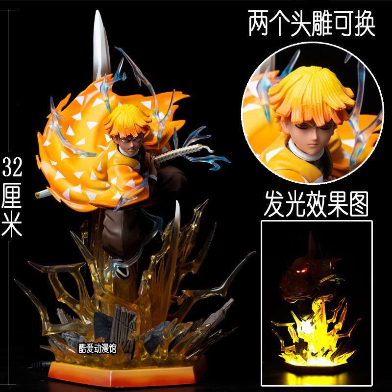 Demon Slayer 32cm Agatsuma Zenitsu Double Head Sculpture Figure PVC Light-Up Statue Anime Collectible Model Toy Room Decor Gift