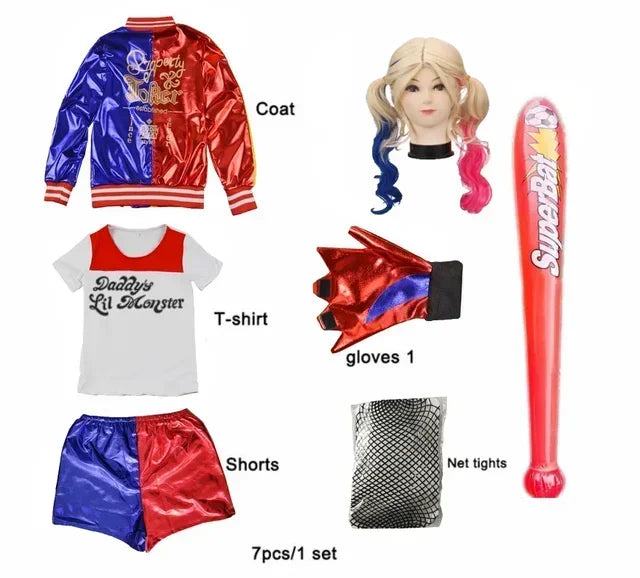 Harley Costumes Cosplay Suicide Quinzel Kids Girls Quinn Squad T Shirt Joker Jacket Halloween Costume