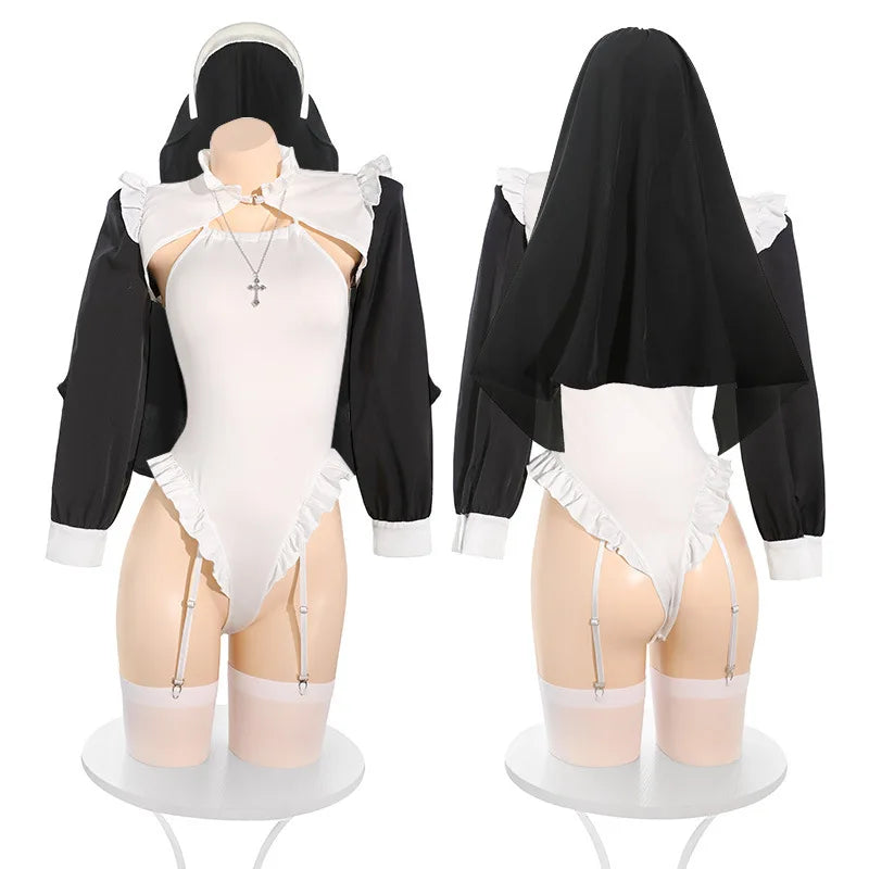 Japanese Sexy Lingerie Anime Game Girl Convent Nun Uniform Women Maid Bodysuit Outfits Cosplay Costumes Porno Party Temptation