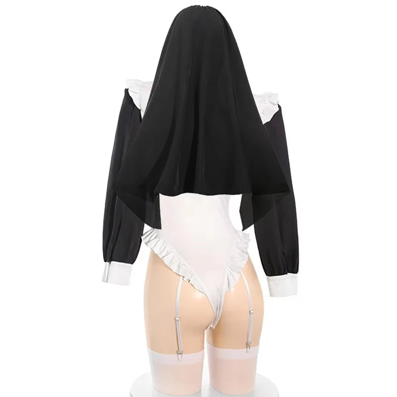 Anime Convent Nun Cosplay Costume Sexy Maid Bodysuit Garter Stockings Outfit Role Play Lingerie Halloween Costumes