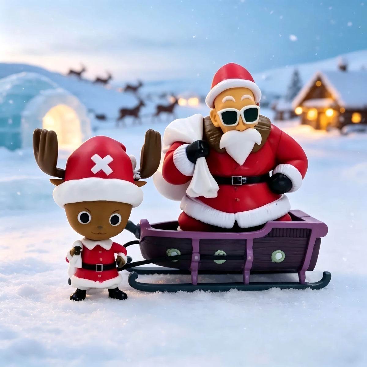Christmas Anime Collectible Figure Set, Roshi & Chopper Santa Sled PVC Statue Model, Desktop Decor, X‑mas Anime Fan Gift