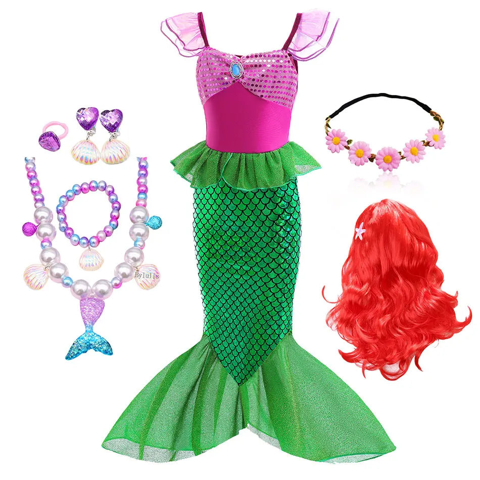 Little Mermaid Ariel Costume Princess Dress for Girls Short Sleeve Tulle Cosplay Halloween Carnival Birthday Party Clothes