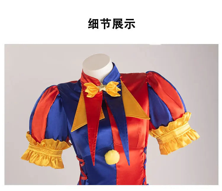 Pomni's Same Satin Red Blue Color Blocked Clown Jumpsuit with Bubble Sleeves and Ruffled Edges, Court Set for Halloween Party