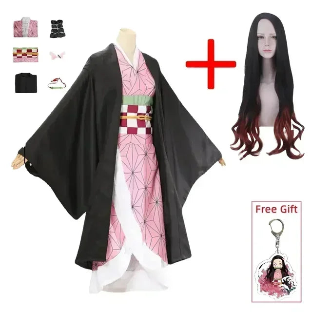 2025  Kamado Nezuko Cosplay Kostuum Anime Kimono Kamado Nezuko Pruik Uniform Halloween Vrouwen Kinderkleding