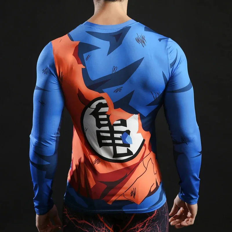 Bandai Dragon Ball Z Goku Battle-damaged Suit Cosplay Costume Anime Adult Kids Long Sleeve Compression Dry Fit T-Shirt Summer