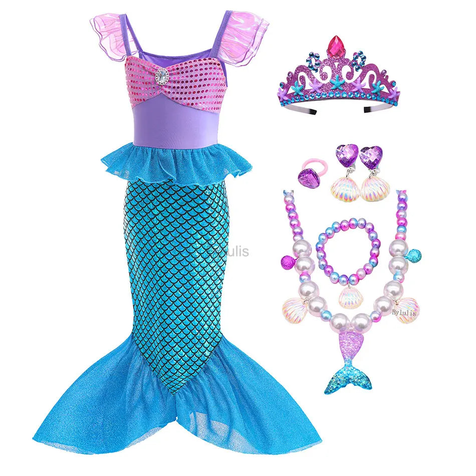 Little Mermaid Ariel Costume Princess Dress for Girls Short Sleeve Tulle Cosplay Halloween Carnival Birthday Party Clothes