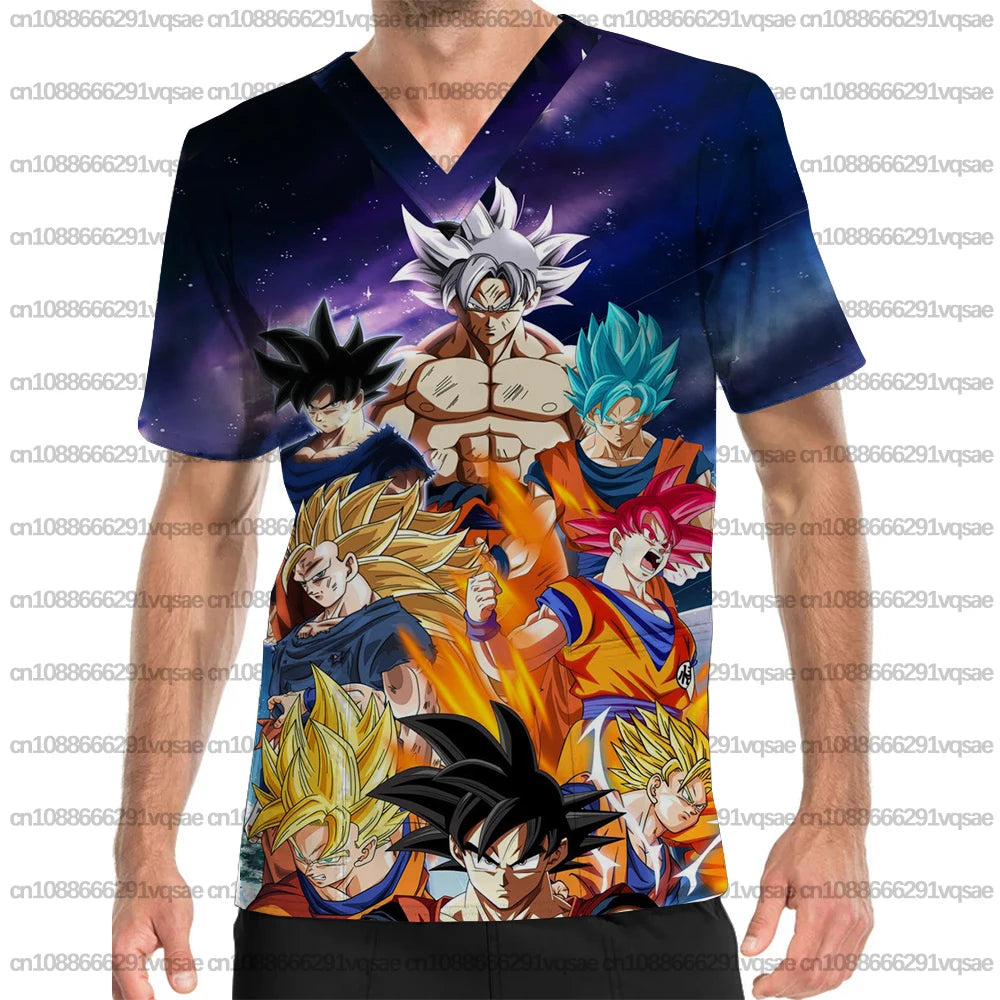 Summer Men's Surgical Gown with Dragon Ball Anime Print, V-Neck Nurse Uniform Top with Pockets, Medical Clothing