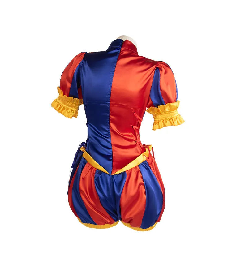 Pomni's Same Satin Red Blue Color Blocked Clown Jumpsuit with Bubble Sleeves and Ruffled Edges, Court Set for Halloween Party