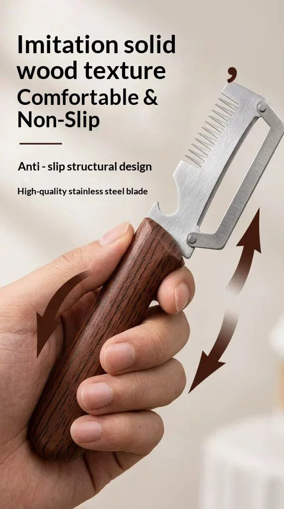 3‑in‑1 Multifunctional Vegetable Peeler Stainless Steel Fruit Slicer Wooden Handle Kitchen Gadget For Potato Onion
