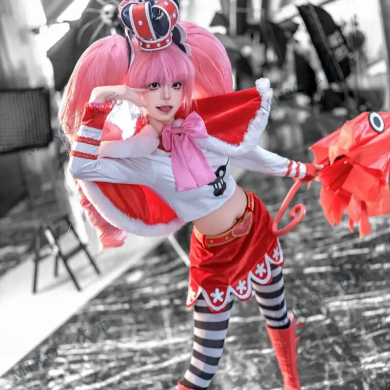 Perona Cosplay Costume-Ghost Princess Red Velvet Skirt&White Top Set with Pink Bow Cape, Perfect for Anime Conventions&Themed