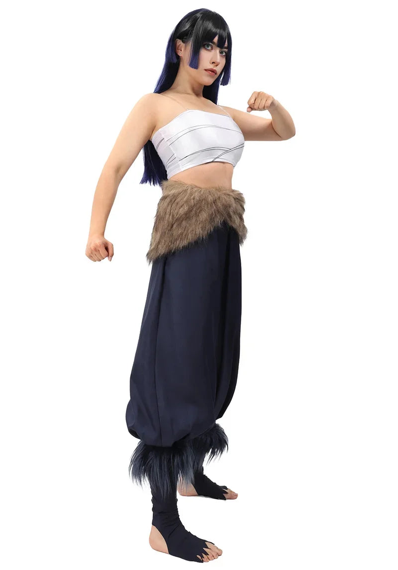 Women's Hashibira Inosuke Cosplay Costume Tops Pants Fake Fur Apron and Fake Fur Leg Accessory for Halloween